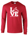 Red long sleeve t-shirt. Our trademarked International Symbol of Acceptance ("wheelchair heart symbol") is featured proudly on your item