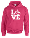 Pink hooded pullover. Our trademarked International Symbol of Acceptance ("wheelchair heart symbol") is featured proudly on your item