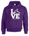 Purple hooded pullover. Our trademarked International Symbol of Acceptance ("wheelchair heart symbol") is featured proudly on your item