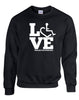 Black crewneck sweatshirt. Our trademarked International Symbol of Acceptance ("wheelchair heart symbol") is featured proudly on your item
