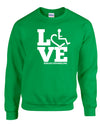 Irish green crewneck sweatshirt. Our trademarked International Symbol of Acceptance ("wheelchair heart symbol") is featured proudly on your item