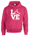 Pink hooded pullover. Our trademarked International Symbol of Acceptance ("wheelchair heart symbol") is featured proudly on your item