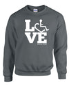 Charcoal crewneck sweatshirt. Our trademarked International Symbol of Acceptance ("wheelchair heart symbol") is featured proudly on your item
