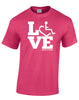 Pink t-shirt. Our trademarked International Symbol of Acceptance ("wheelchair heart symbol") is featured proudly on your item