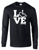 Black long sleeve t-shirt. Our trademarked International Symbol of Acceptance ("wheelchair heart symbol") is featured proudly on your item