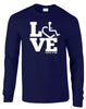 Navy long sleeve t-shirt. Our trademarked International Symbol of Acceptance ("wheelchair heart symbol") is featured proudly on your item