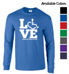 Tell everyone how proud you are to embrace and love life. Spread the conversation of social acceptance of disability with this long sleeve t-shirt. Our trademarked International Symbol of Acceptance ("wheelchair heart symbol") is featured proudly on your item