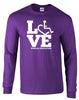 Purple long sleeve t-shirt. Our trademarked International Symbol of Acceptance ("wheelchair heart symbol") is featured proudly on your item