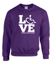 Purple crewneck sweatshirt. Our trademarked International Symbol of Acceptance ("wheelchair heart symbol") is featured proudly on your item