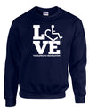 Navy crewneck sweatshirt. Our trademarked International Symbol of Acceptance ("wheelchair heart symbol") is featured proudly on your item