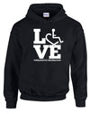 Black hooded pullover. Our trademarked International Symbol of Acceptance ("wheelchair heart symbol") is featured proudly on your item