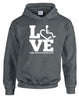 Charcoal hooded pullover. Our trademarked International Symbol of Acceptance ("wheelchair heart symbol") is featured proudly on your item