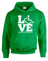 Irish green hooded pullover. Our trademarked International Symbol of Acceptance ("wheelchair heart symbol") is featured proudly on your item