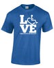 Royal blue t-shirt. Our trademarked International Symbol of Acceptance ("wheelchair heart symbol") is featured proudly on your item