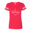 Red ladies football jersey. Our trademarked International Symbol of Acceptance ("wheelchair heart symbol") is featured proudly in the background on your item.