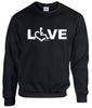 Black crewneck sweatshirt. Our trademarked International Symbol of Acceptance (""wheelchair heart symbol"") replaces the O in the word LOVE boldly displayed on your chest.