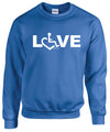 Royal blue crewneck sweatshirt. Our trademarked International Symbol of Acceptance (""wheelchair heart symbol"") replaces the O in the word LOVE boldly displayed on your chest.