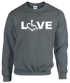 Charcoal crewneck sweatshirt. Our trademarked International Symbol of Acceptance (""wheelchair heart symbol"") replaces the O in the word LOVE boldly displayed on your chest.
