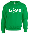 Irish green crewneck sweatshirt. Our trademarked International Symbol of Acceptance (""wheelchair heart symbol"") replaces the O in the word LOVE boldly displayed on your chest.