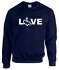 Navy crewneck sweatshirt. Our trademarked International Symbol of Acceptance (""wheelchair heart symbol"") replaces the O in the word LOVE boldly displayed on your chest.
