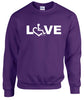 Purple crewneck sweatshirt. Our trademarked International Symbol of Acceptance (""wheelchair heart symbol"") replaces the O in the word LOVE boldly displayed on your chest.