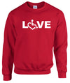 Red crewneck sweatshirt. Our trademarked International Symbol of Acceptance (""wheelchair heart symbol"") replaces the O in the word LOVE boldly displayed on your chest.