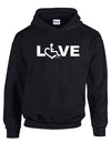 Black hooded pullover. Our trademarked International Symbol of Acceptance (""wheelchair heart symbol"") replaces the O in the word LOVE boldly displayed on your chest.