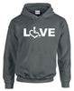 Charcoal hooded pullover. Our trademarked International Symbol of Acceptance (""wheelchair heart symbol"") replaces the O in the word LOVE boldly displayed on your chest.