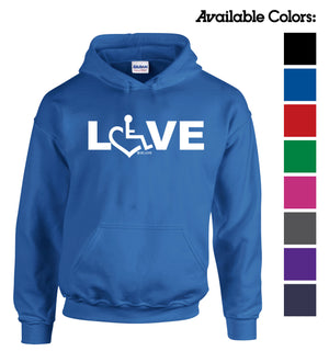 LOVE Hooded Pullover. Tell everyone how proud you are to embrace and love life. Spread the conversation of social acceptance of disability with this hooded pullover. Our trademarked International Symbol of Acceptance (""wheelchair heart symbol"") replaces the O in the word LOVE boldly displayed on your chest.