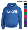 LOVE Hooded Pullover. Tell everyone how proud you are to embrace and love life. Spread the conversation of social acceptance of disability with this hooded pullover. Our trademarked International Symbol of Acceptance (""wheelchair heart symbol"") replaces the O in the word LOVE boldly displayed on your chest.