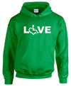 Irish green hooded pullover. Our trademarked International Symbol of Acceptance (""wheelchair heart symbol"") replaces the O in the word LOVE boldly displayed on your chest.