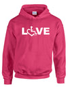 Pink hooded pullover. Our trademarked International Symbol of Acceptance (""wheelchair heart symbol"") replaces the O in the word LOVE boldly displayed on your chest.