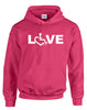 Pink hooded pullover. Our trademarked International Symbol of Acceptance (""wheelchair heart symbol"") replaces the O in the word LOVE boldly displayed on your chest.