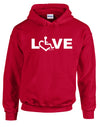 Red hooded pullover. Our trademarked International Symbol of Acceptance (""wheelchair heart symbol"") replaces the O in the word LOVE boldly displayed on your chest.