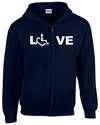 Navy Blue LOVE Hooded Zip-Up. Tell everyone that you embrace and love life. Spread the conversation of social acceptance of disability with this hooded zip-up. Our trademarked International Symbol of Acceptance ("wheelchair heart symbol") replaces the O in the word LOVE boldly displayed on your chest.