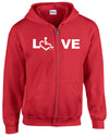 Red LOVE Hooded Zip-Up. Tell everyone that you embrace and love life. Spread the conversation of social acceptance of disability with this hooded zip-up. Our trademarked International Symbol of Acceptance ("wheelchair heart symbol") replaces the O in the word LOVE boldly displayed on your chest.