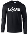 Black long sleeve t-shirt. Our trademarked International Symbol of Acceptance (""wheelchair heart symbol"") replaces the O in the word LOVE boldly displayed on your chest.
