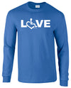 Royal blue long sleeve t-shirt. Our trademarked International Symbol of Acceptance (""wheelchair heart symbol"") replaces the O in the word LOVE boldly displayed on your chest.