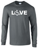 Charcoal long sleeve t-shirt. Our trademarked International Symbol of Acceptance (""wheelchair heart symbol"") replaces the O in the word LOVE boldly displayed on your chest.