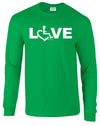 Irish green long sleeve t-shirt. Our trademarked International Symbol of Acceptance (""wheelchair heart symbol"") replaces the O in the word LOVE boldly displayed on your chest.