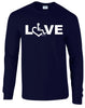 Navy long sleeve t-shirt. Our trademarked International Symbol of Acceptance (""wheelchair heart symbol"") replaces the O in the word LOVE boldly displayed on your chest.