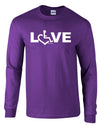Purple long sleeve t-shirt. Our trademarked International Symbol of Acceptance (""wheelchair heart symbol"") replaces the O in the word LOVE boldly displayed on your chest.
