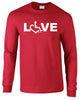 Red long sleeve t-shirt. Our trademarked International Symbol of Acceptance (""wheelchair heart symbol"") replaces the O in the word LOVE boldly displayed on your chest.