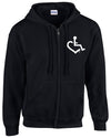 Black Heart Hooded Zip-Up. Tell everyone that you embrace and love life. Spread the conversation of social acceptance of disability with this hooded pullover!. Our trademarked International Symbol of Acceptance ("wheelchair heart symbol") boldly displayed over your heart.