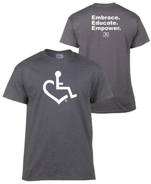 Dark Heather Grey Wheelchair Heart Tee. Tell everyone that you embrace and love life. Spread the conversation of social acceptance of disability with this t-shirt. Our trademarked International Symbol of Acceptance ("wheelchair heart symbol") is proudly displayed on the front.