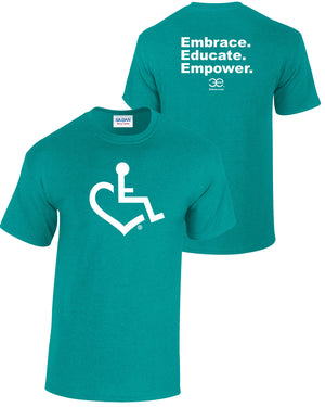 Jade Wheelchair Heart Tee. Tell everyone that you embrace and love life. Spread the conversation of social acceptance of disability with this t-shirt. Our trademarked International Symbol of Acceptance ("wheelchair heart symbol") is proudly displayed on the front.