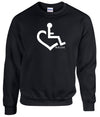 Black crewneck sweatshirt. Our trademarked International Symbol of Acceptance ("wheelchair heart symbol") is boldly displayed over your heart.