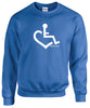 Royal blue crewneck sweatshirt. Our trademarked International Symbol of Acceptance ("wheelchair heart symbol") is boldly displayed over your heart.