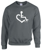 Charcoal crewneck sweatshirt. Our trademarked International Symbol of Acceptance ("wheelchair heart symbol") is boldly displayed over your heart.