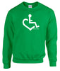Irish green crewneck sweatshirt. Our trademarked International Symbol of Acceptance ("wheelchair heart symbol") is boldly displayed over your heart.